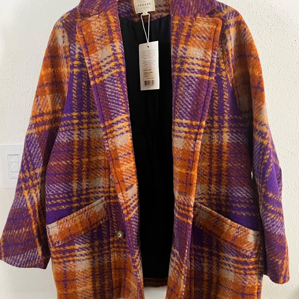 NWT Sezane Purple and Orange Wool Check Harry Coat